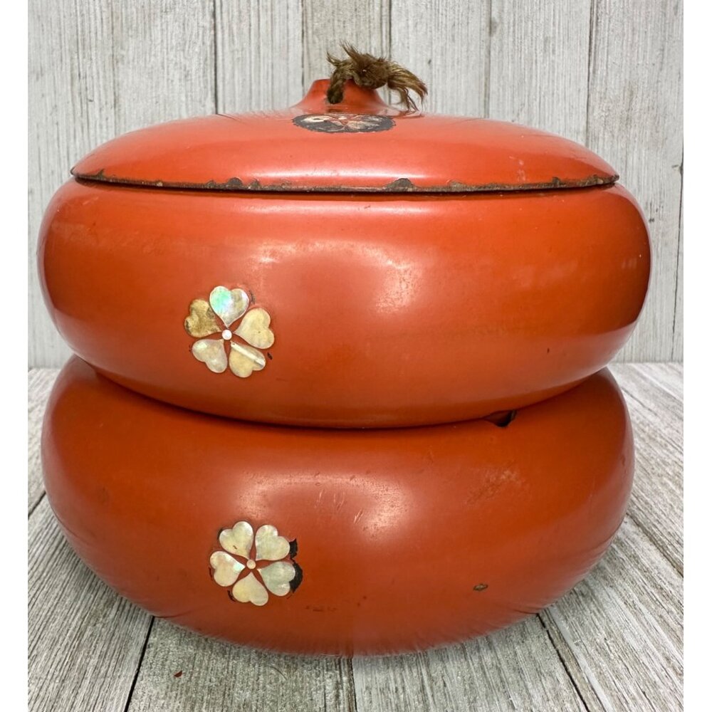 Vtg Japanese Lacquerware Food Storage Container Stacked with Lid 5.5" Tall Rare